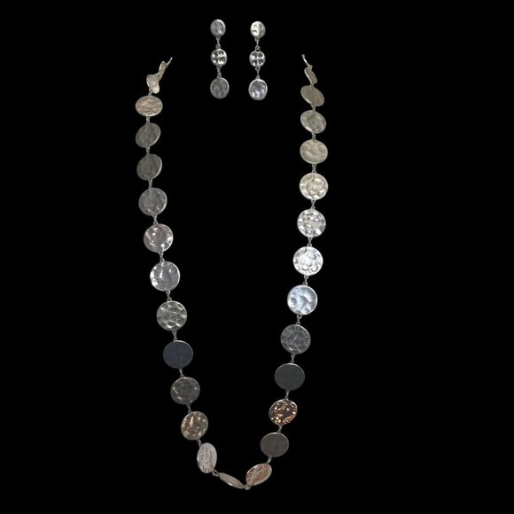 Chico's Jewelry - Chicos Silver Tone Hammered Discs Earrings Necklace Set Textured Boho Neutral